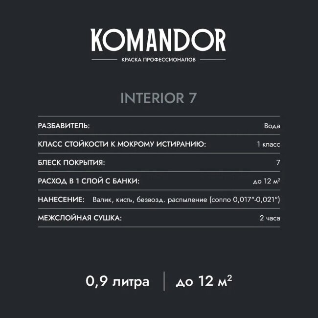 Краска для стен и потолков Komandor Interior 7, матовая Краска для стен и потолков Komandor Interior 7, матовая